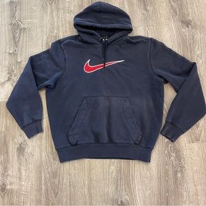 Nike Navy Blue Hoodie Big Red Swoosh Logo Style Y2k Mens Medium